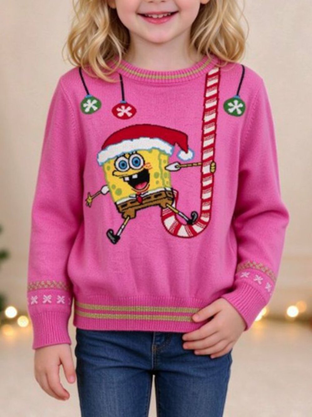 Spongebob Squarepants Andy Evan Kids Pink Christmas Jacquard Sweater Size 6